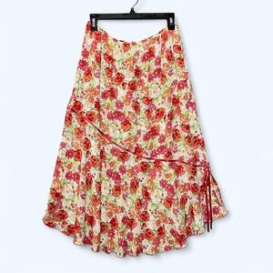Cottagecore Red Pink Floral Boho Ruffle Hem Maxi Skirt Medium Flowy